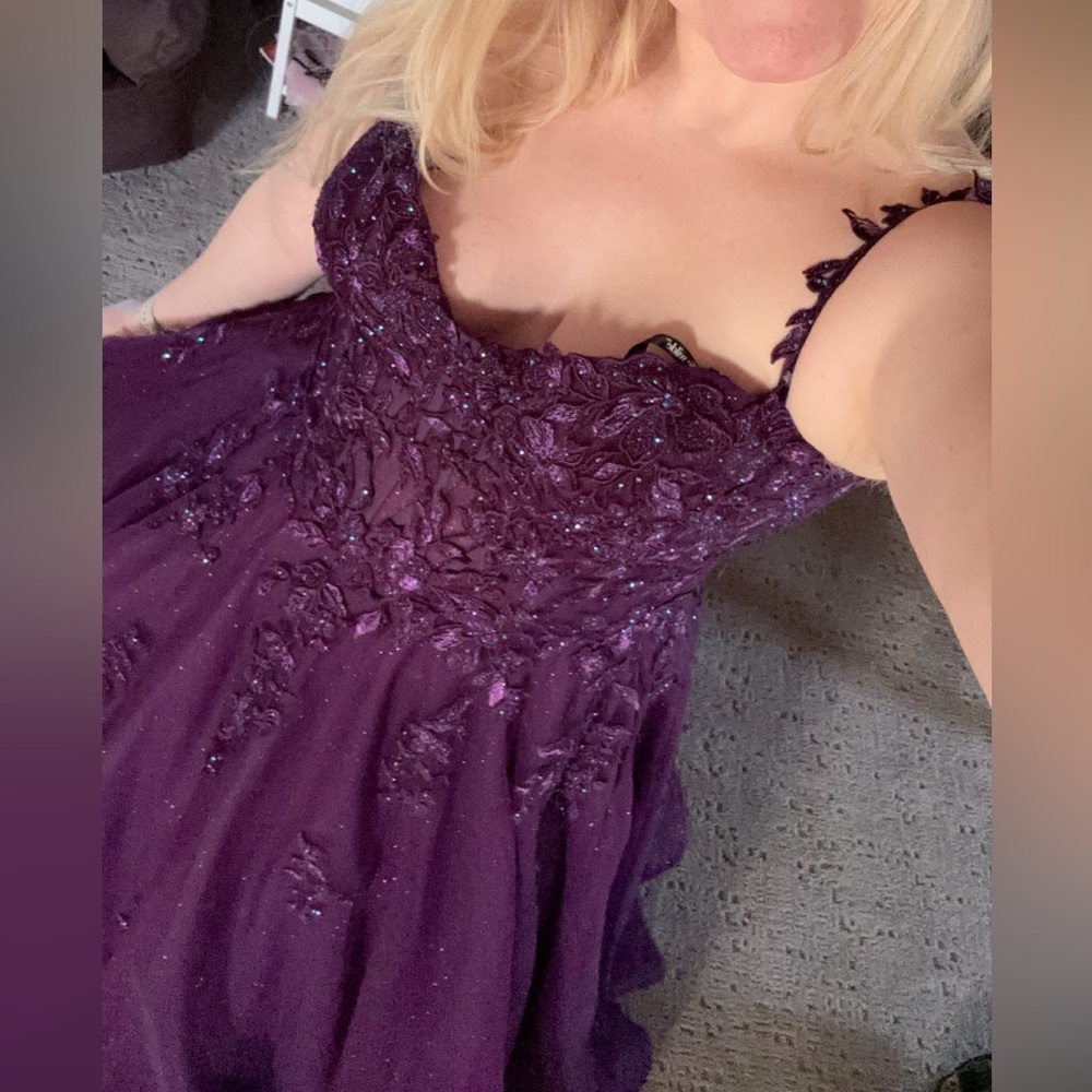 Ellie Wilde Deep Purple Dress with Floral Accents